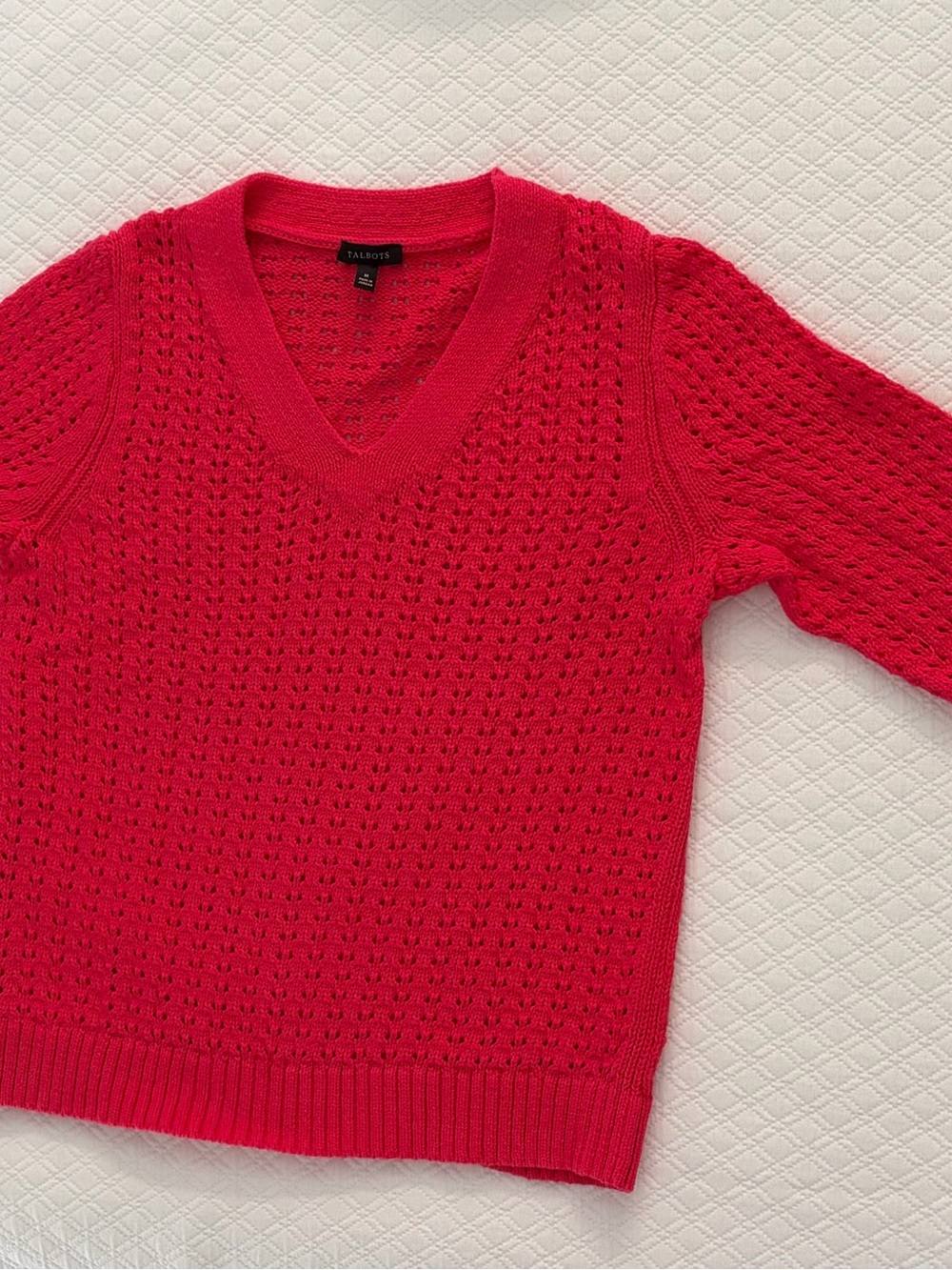 Talbots V-Neck Open-Knit Sweater in Bright Red